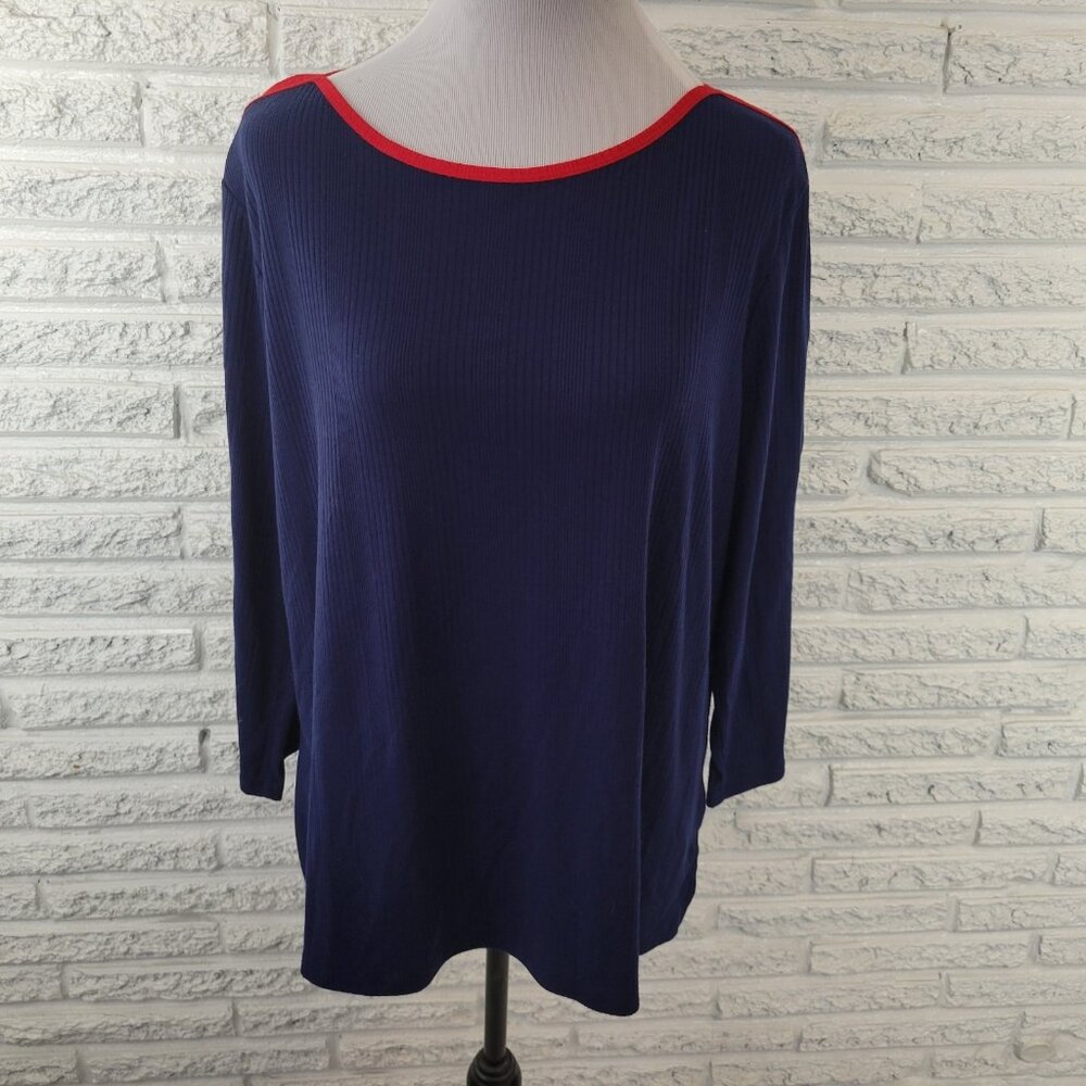 Liz Claiborne XXL Plus Top Blue 3/4 Sleeve Knit Deco Buttons Casual BLU31E